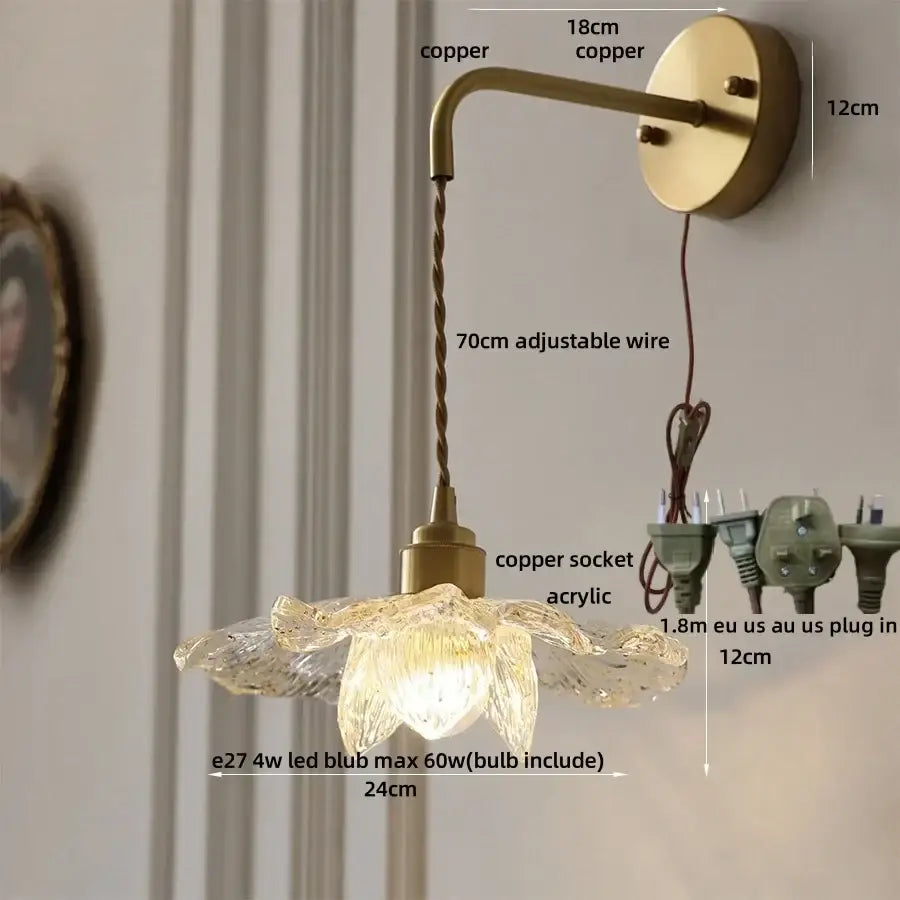 Antique brass flower glass led wall light with translucent acrylic petals and adjustable wire for bedroom sconce