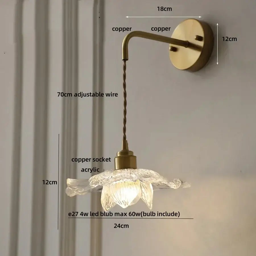 Antique brass flower glass led wall light with delicate acrylic flower shape and adjustable wire bedroom sconce with pull chain