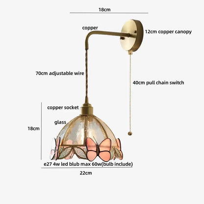 Antique brass flower glass led wall light with a decorative copper sconce and pink butterfly stained glass shade