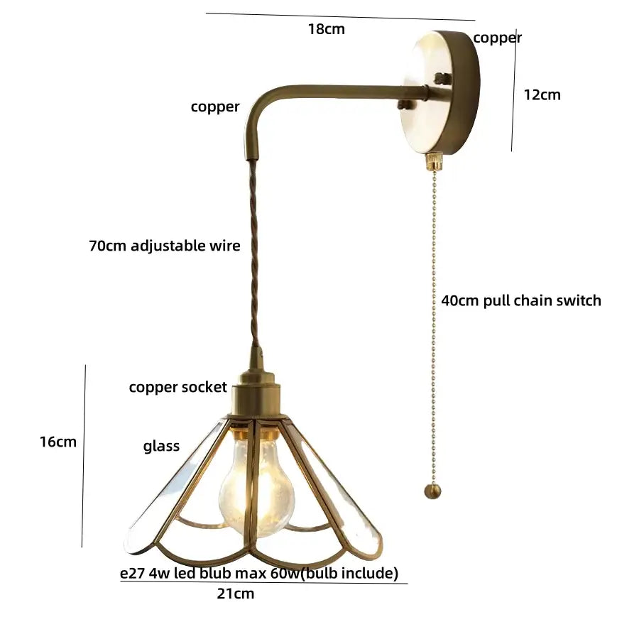 Antique brass led wall light with copper sconce, glass shade, adjustable wire, and pull chain for bedroom use