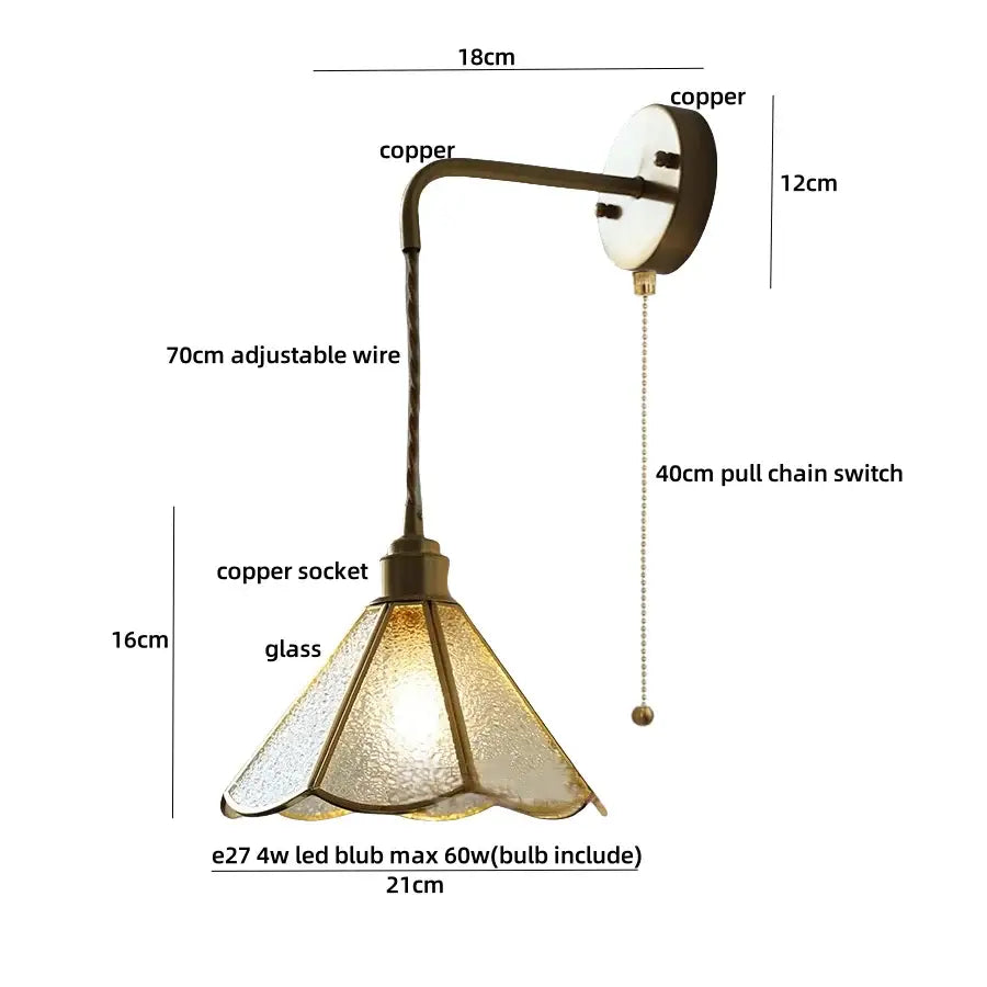 Antique brass flower led wall light with amber glass shade and adjustable 70cm wire for bedroom sconce lighting