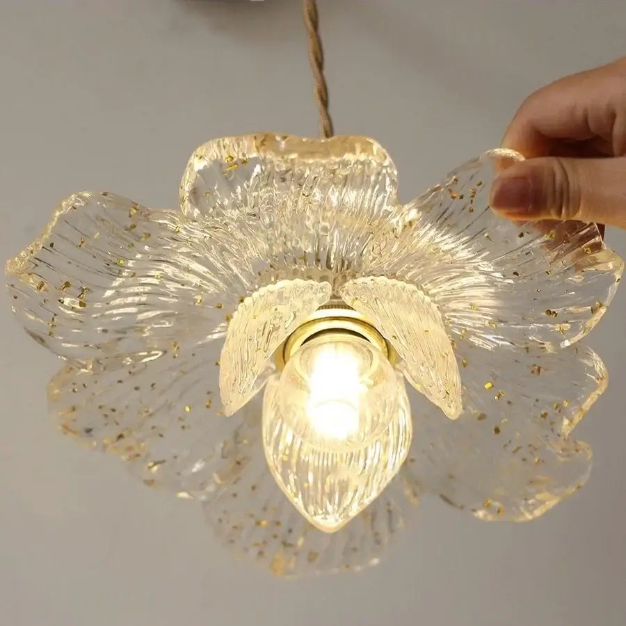 Antique brass flower glass led wall light with gold leaf accents and warm glow for bedroom sconce with pull chain