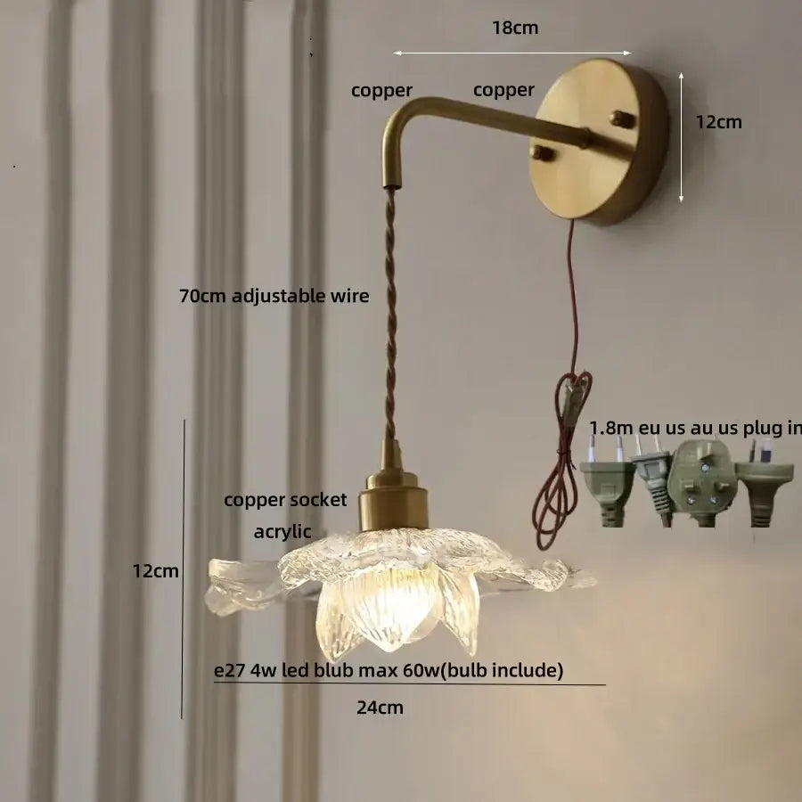 Antique brass flower led wall light with translucent acrylic lampshade and pull chain for bedroom wall lighting