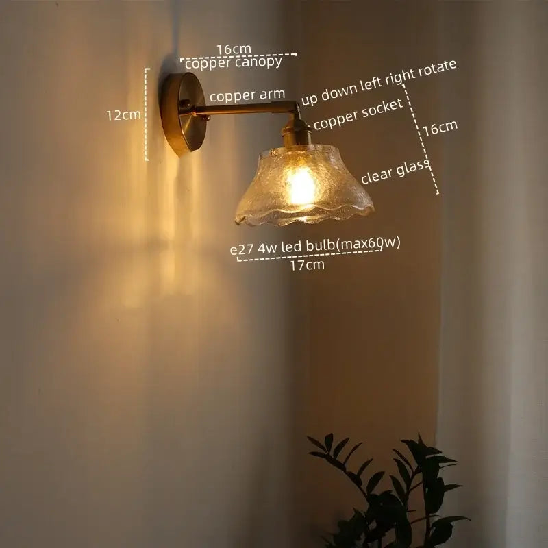 Copper-finished antique brass flower glass sconce led wall lamp with clear textured glass shade for bedroom use