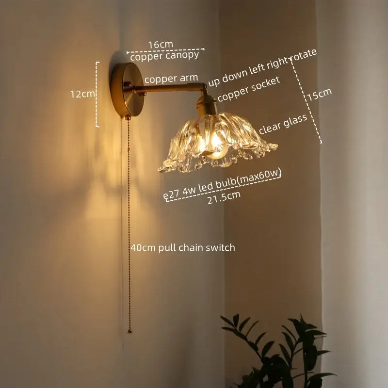 Copper finished glass sconce led wall lamp with flower shaped shade and pull chain switch for bedroom use