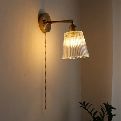 Antique brass flower glass sconce led wall lamp with fluted clear glass shade and pull chain for bedroom lighting