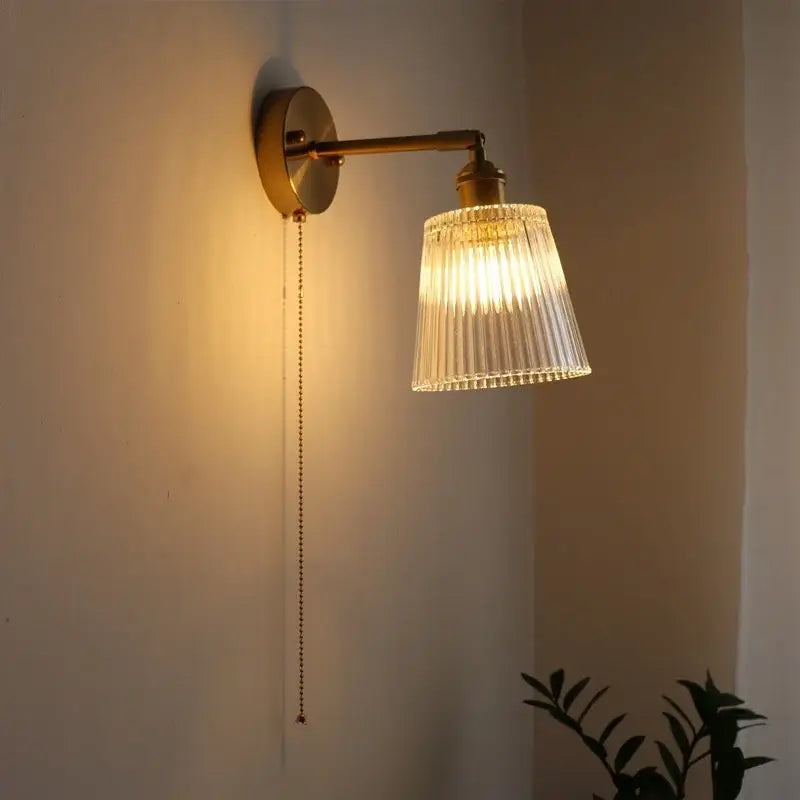 Antique brass flower glass sconce led wall lamp with fluted clear glass shade and pull chain for bedroom lighting