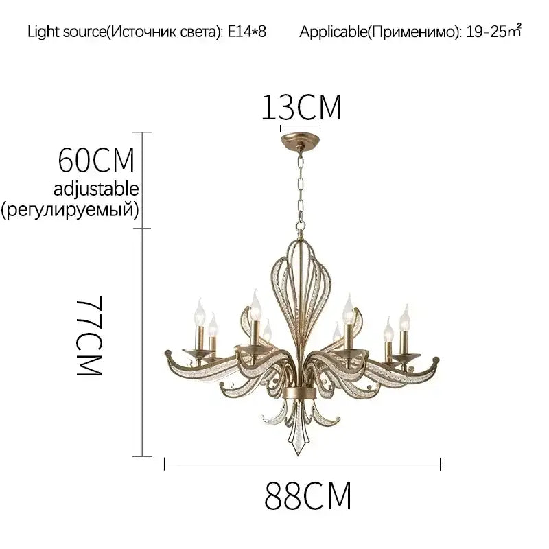 Antique brass french candle design pendant lighting with ornate gold-toned metalwork and six candle design lights for dining room