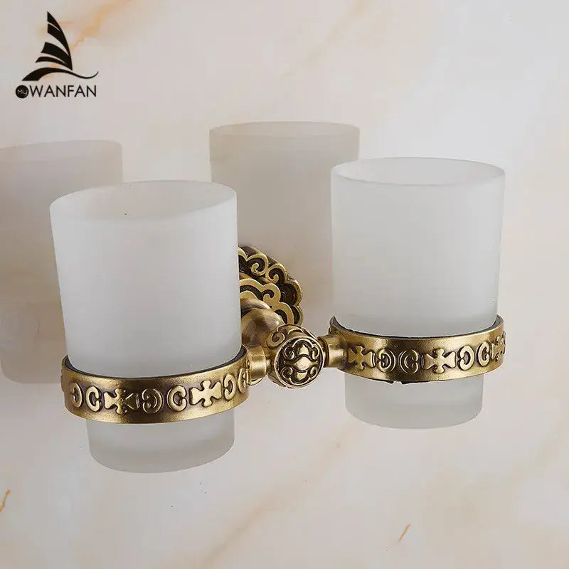 Antique brass double toothbrush holder with frosted white glass cups and ornate scrollwork decorbites brass antique bathroom accessory