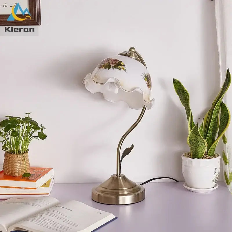 Antique brass glass flower led desk lamp with a white floral glass flower lampshade and ruffled edge