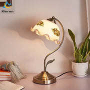Antique brass glass flower led desk lamp with scalloped cream glass shade featuring yellow and green floral patterns