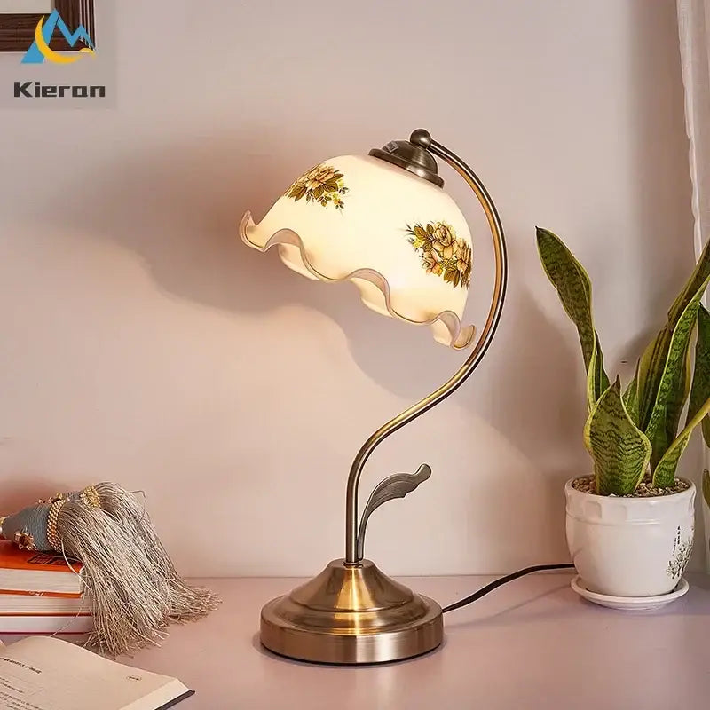 Antique brass glass flower led desk lamp with scalloped cream glass shade featuring yellow and green floral patterns