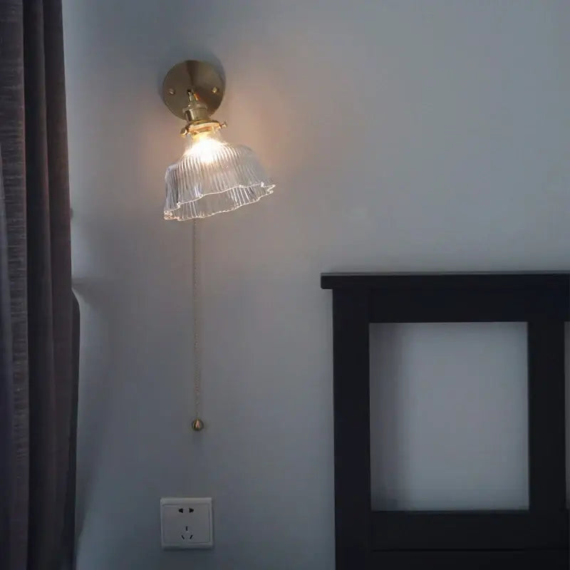 Antique brass glass rotate copper led wall sconce with brass base and clear ribbed glass shade for bedroom lighting