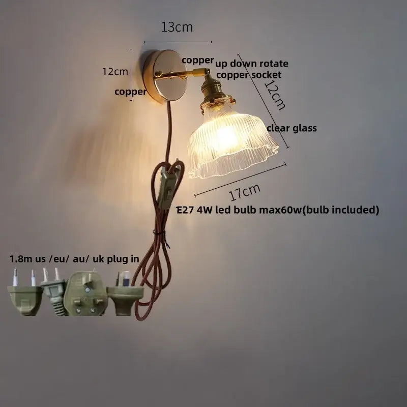 Antique brass wall sconce with glass rotate copper shade and up-down rotating copper led socket for bedroom lamp