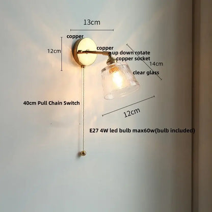 Antique brass glass rotate copper led wall sconce with clear glass shade and adjustable arm for bedroom lighting