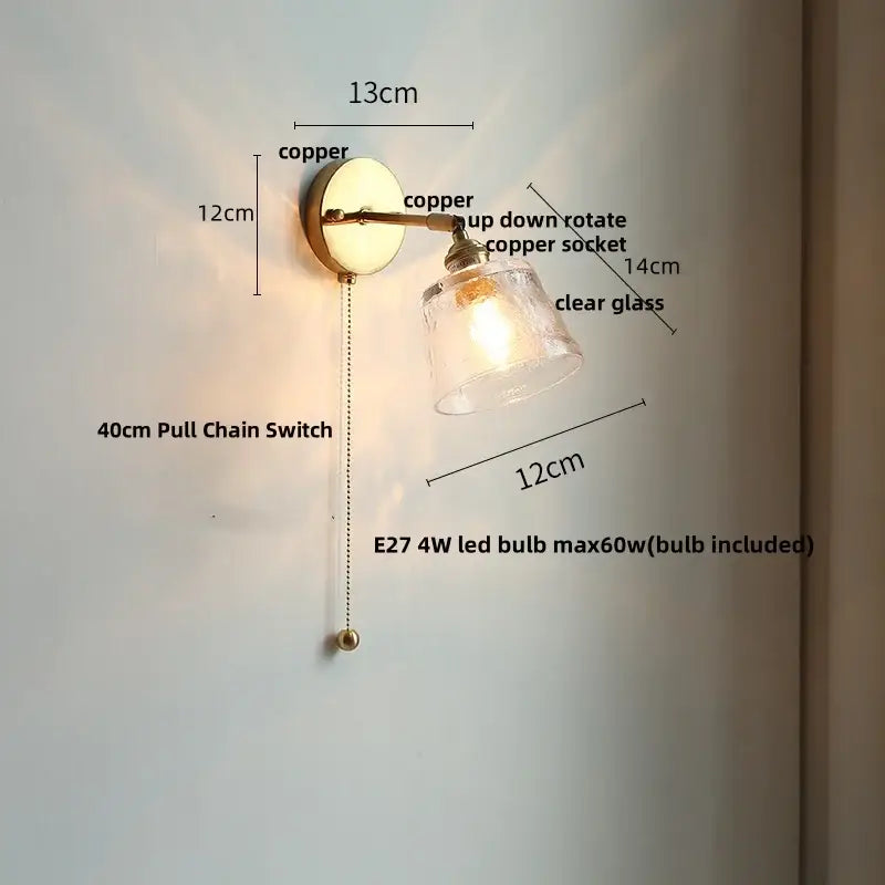 Antique brass glass rotate copper led wall sconce with clear glass shade and adjustable arm for bedroom lighting