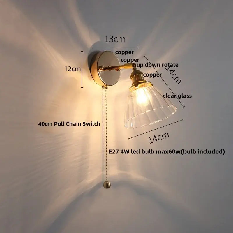 Antique brass glass rotate copper led wall sconce with clear glass shade and e27 led bulb for bedroom lighting