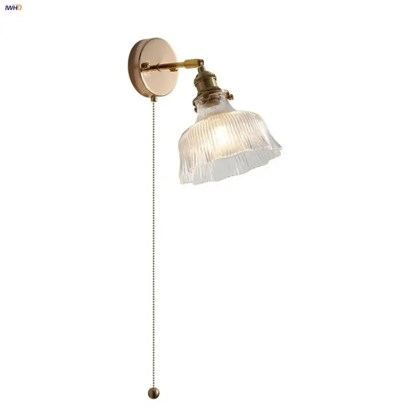 Antique brass wall sconce with clear ribbed glass rotate copper shade and adjustable pull chain for bedroom lighting