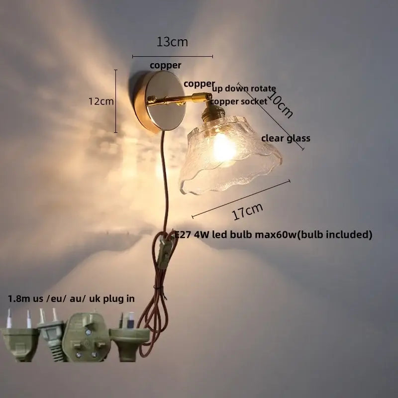 Antique brass glass rotate copper led wall sconce with clear glass shade and up-down rotating copper socket for bedroom