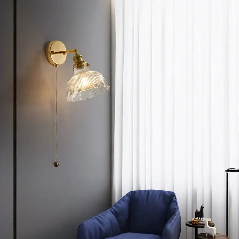 Antique brass glass rotate copper led wall sconce with gold-toned ribbed translucent shade and ornate brass pull chain