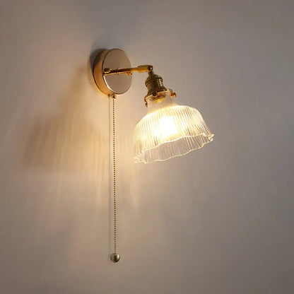 Antique brass glass rotate copper led wall sconce with ribbed translucent shade and pull-chain switch for bedroom lighting