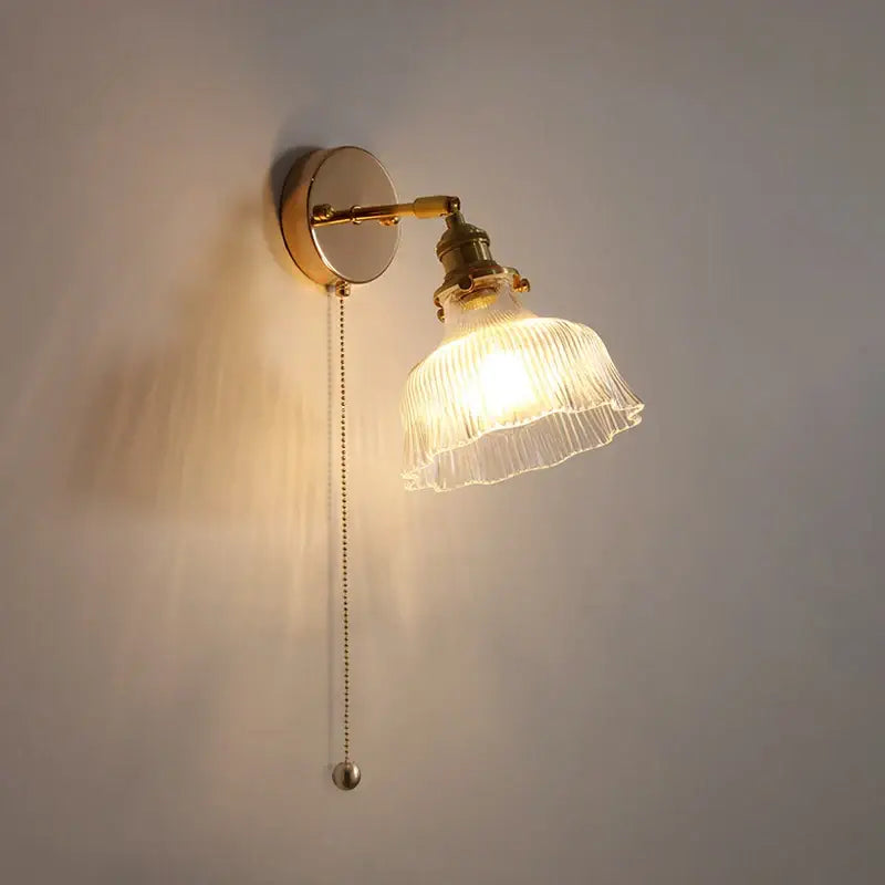 Antique brass glass rotate copper led wall sconce with ribbed translucent shade and pull-chain switch for bedroom lighting