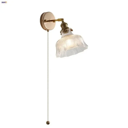 Antique brass glass rotate copper wall sconce with clear ribbed glass shade and adjustable pull chain for bedroom use