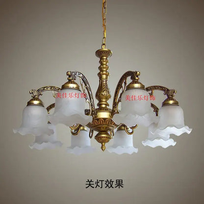 Antique brass glass shade ceiling chandelier with five frosted white ruffled glass shades for dining room use