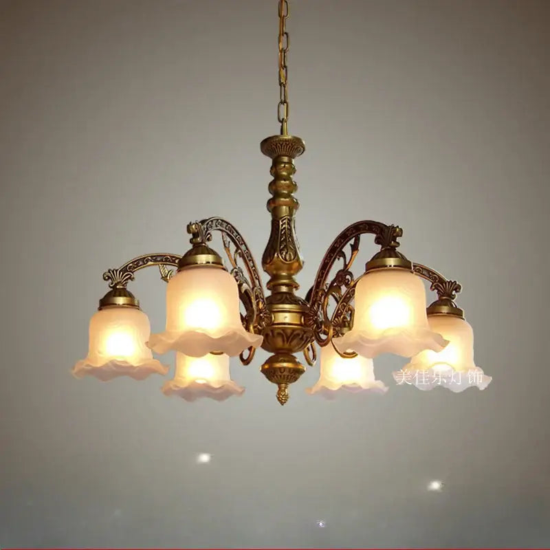 Antique brass glass shade ceiling chandelier with five frosted glass shades for dining room lighting