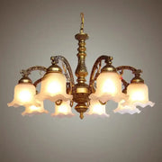 Antique brass glass shade ceiling chandelier with five frosted glass shades designed for dining room use