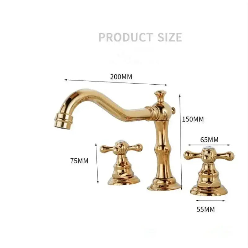 Antique brass gold finish bathroom sink faucet with ornate cross handles and a curved spout in vintage style