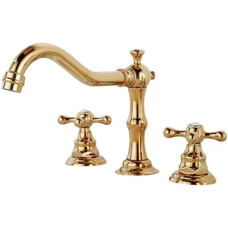 Antique brass gold finish bathroom sink faucet with three handles and ornate cross-shaped design