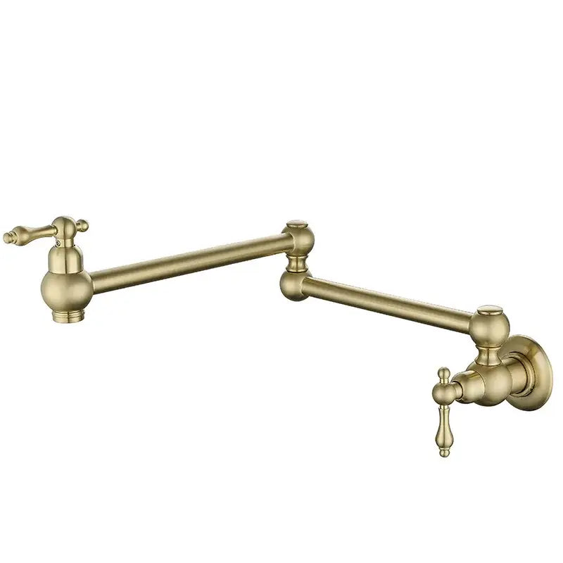Antique brass gooseneck pot filler tap with extendable brass finish and ornate handles for kitchen wall mounting