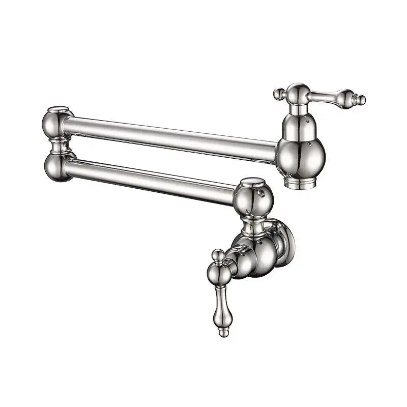 Shiny chrome-finished wall-mounted pot filler tap with classic elongated design and two ornate handles for kitchen use