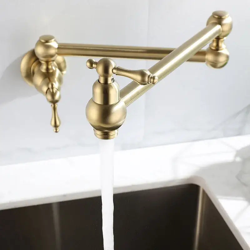 Antique brass gooseneck pot filler tap kitchen wall mounted faucet with ornate handles and brass finish
