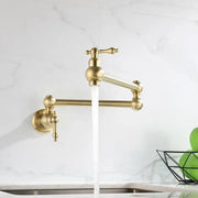Antique brass gooseneck pot filler tap with ornate handles and sleek curved spout for kitchen wall mounting