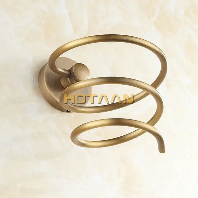 Antique brass hair dryer holder rack with brass-colored spiral triple loop design for modern bathroom decorbites brass hair dryer organization