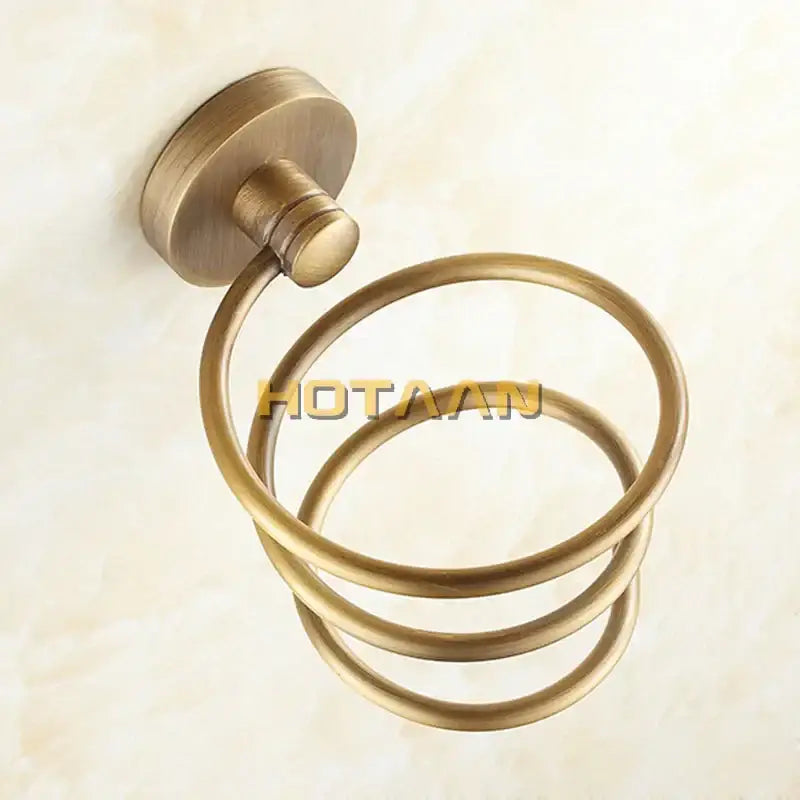 Antique brass hair dryer holder rack wall mounted with triple concentric circular loops for decorbites brass hair dryer use
