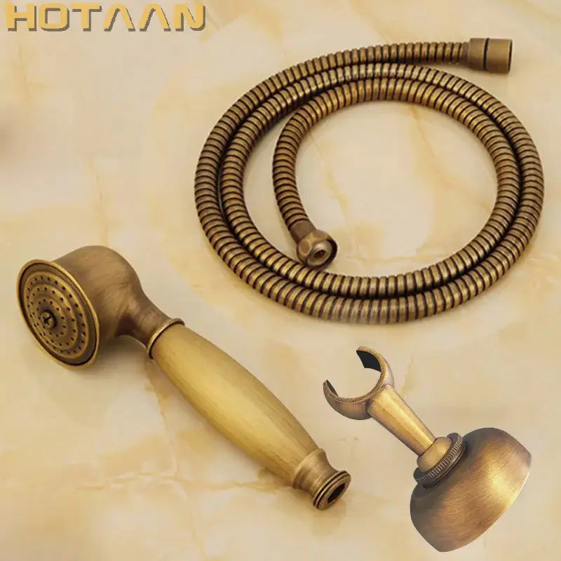 Antique brass hand shower set with wooden handle and matching flexible hose for bathroom use