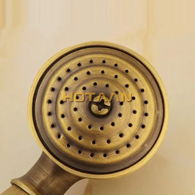 Antique brass hand shower with concentric circular perforations in hand shower set featuring wood grip for bathroom use