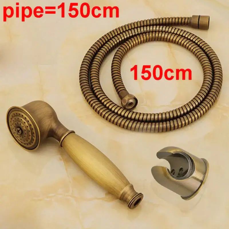 Antique brass hand shower set with vintage-style brass hose wood grip and wall mount bracket for bathroom use