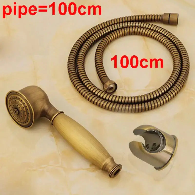 Antique brass hand shower set with wood grip featuring vintage-style brass shower hose and matching wall mount bracket