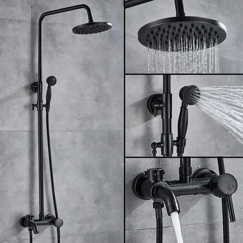 Black matte rainfall shower system with large rainhead brass handheld rainfall and wall-mounted control valve
