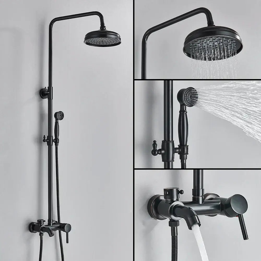 Black matte rainfall shower system with fixed overhead rainhead brass handheld rainfall and wall-mounted control valve