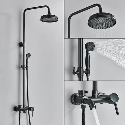 Black matte rainfall shower system with fixed overhead rainhead brass handheld rainfall and wall-mounted control valve