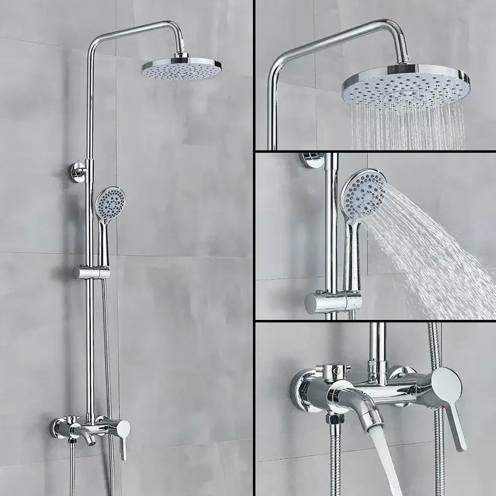 Chrome-finished modern rainfall shower system with fixed rainhead brass handheld rainfall and wall-mounted control valve