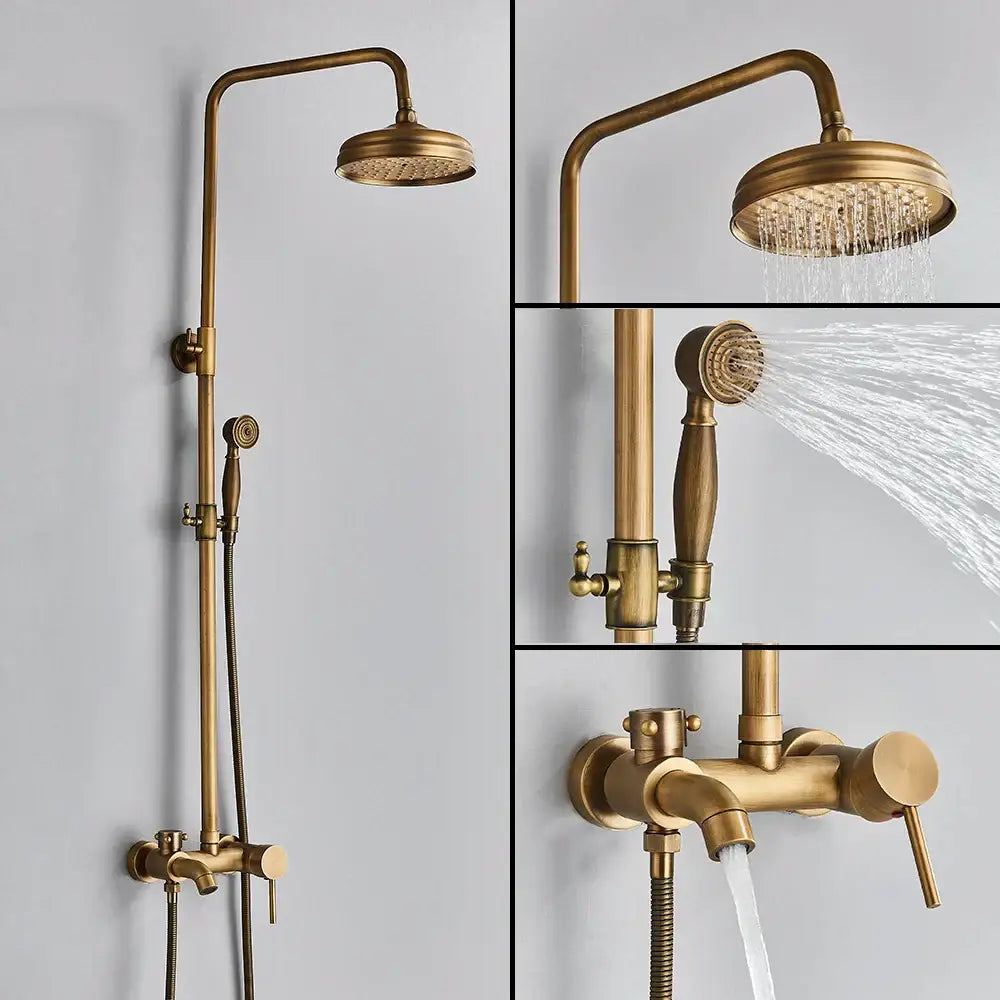Brass handheld rainfall shower system with antique brass finish fixed rainhead and wall-mounted control valve by decorbites