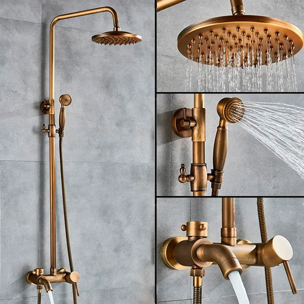 Antique brass handheld rainfall shower system with brass finish fixed rainhead handheld spray and wall-mounted valve
