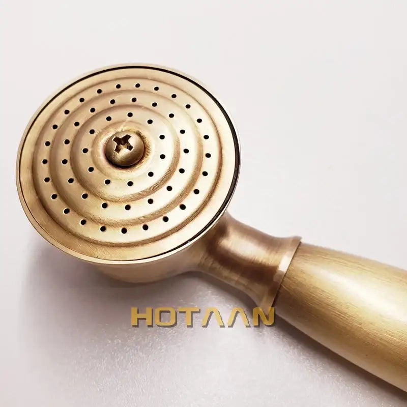 Antique brass handheld shower head with circular perforated face and wooden handle for bathroom use