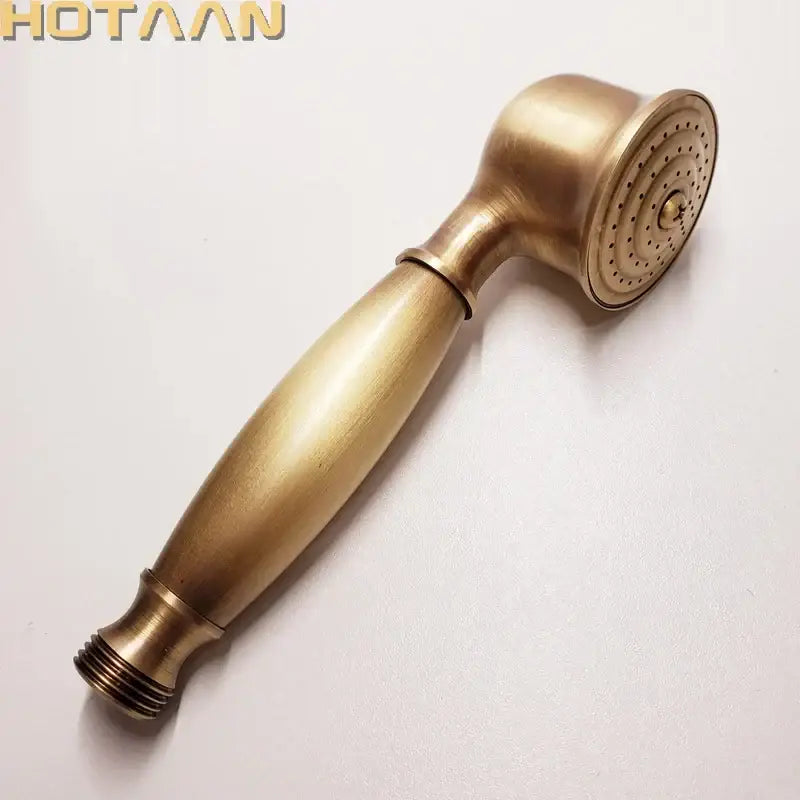 Antique brass handheld shower head with a classic rounded design and circular perforated spray face